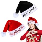 2 Pieces Kids Naughty and Nice Santa Hats Bah Humbug Christmas Hat for Children Black Red Plush Funny Christmas Costume Decorations Party Supplies