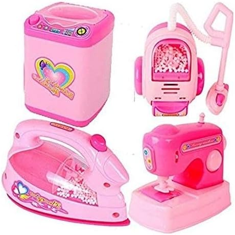 OANGO Plastic 4Pcs Household Pretend Play Set with Vaccum Cleaner, Washing Maching, Iron, Sewing Machine for Kids Girls 3 Years Old Kids Random PIS