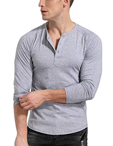 KOGO Men's Long Sleeve Henley Shirt (Light Heather Grey, XXL)