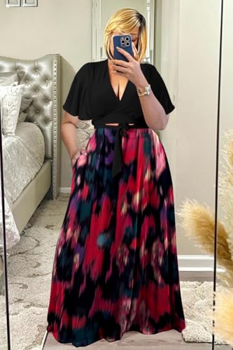 Image of Plus Size Women's 2 Piece Outfits Casual Short Ruffle Sleeve Wrap Crop Top Maxi Long Dress Flowy Matching Sets