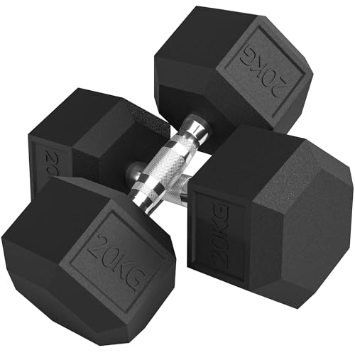 HOMCOM 2x20KG Rubber Hex Dumbbell Portable Hand Weights for Home Gym