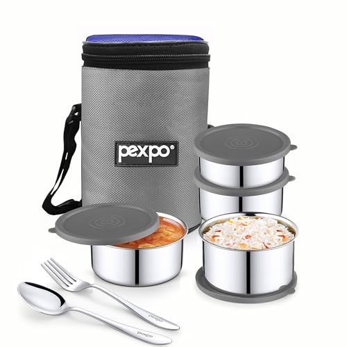 Image of Go24 pexpo Marvel-4 Stainless Steel Meal Box with 4 Containers(2 * 280ml, 200ml, 430ml), 1 Spoon & Bag - Grey & Blue |BPA Free Lid | Leak Proof | Lunch Box for Office Men and Women