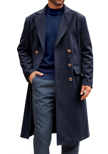 Image of Runcati Mens Trench Coat Notch Lapel Slim Fit Double Breasted Casual Long Business Pea Coat Overcoat