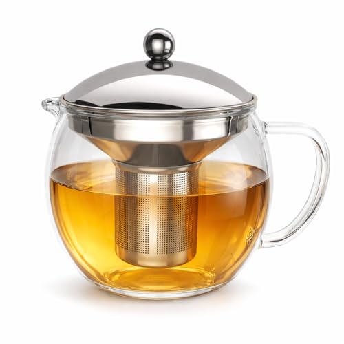Théière avec Infuseur à Thé en Inox 1,5L, Théière en Verre Borosilicaté Résistant à la Chaleur pour Thé en Vrac, Grande Teapot Design Argenté,...