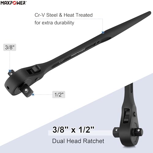 Image of MAXPOWER 2PCS Spud Ratchet Set, Dual Socket Scaffold Wrench 7 /8 inch x 3 /4 inch, Dual Head Scaffold Ratchet 3 /8 inch x 1 /2 inch