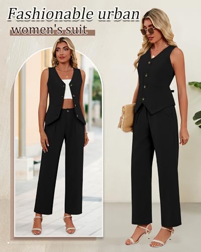 Ficerd Women's 2 Piece Outfits, Sleeveless Cotton Suit Vest and Wide Leg Pant Summer Business Casual Button V Neck Blazer Set(Black,Medium)3