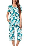 Aodemo Women's Pajama Sets Pleated Sleepwear Summer Plus Size Ladies Pjs 2 Piece Loungewear with Pockets XL, Blue-white freesias