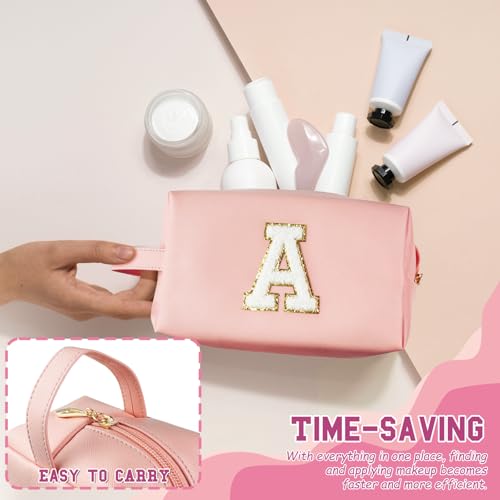 Personalized Initial Makeup Bag with Handle, Preppy Cosmetic Bag with Inner Zipper Pocket, 8 9 10 11 12 13 14 Years Old Girl, Graduation Gifts for Teen Girls Women Teachers (A, Pink)2