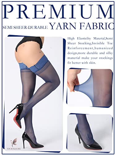Image of DORALLURE Thigh High Stockings Silicone Lace Top Stay Up Silky Semi Sheer Pantyhose for Women Hold Up Nylon