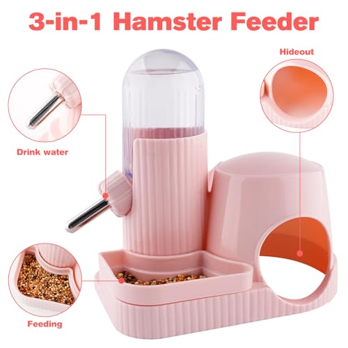 Image of 3 in 1 Multifunctional Hamster Water Bottle No Drip Gerbil 100ML Water Bottle Dispenser with Food Bowl Small Animal Auto Dispenser with Hideout Base Hamster Cage Accessories (Pink)