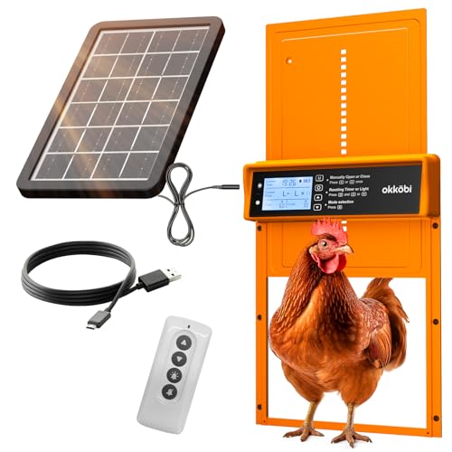 Okkobi Automatic Chicken Coop Door Solar Powered - LCD Display - Chicken Coop Door with Remote Control Light Sensor & Timer - Anti-Pinch function - 5-Year Protection - Autumn Ember
