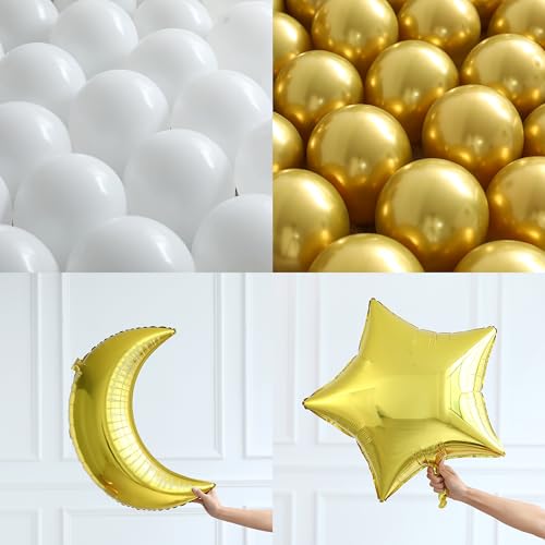 Image of Eid Mubarak Decorations, Ramadan Decorations for Home, 131Pcs White Gold Confetti Balloons Arch Garland Kit with Eid Mubarak Moon Star Foil Balloons for Eid al-Fitr Party