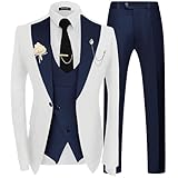Wangyue Men 3 Piece Suits White and Navy Blue Double Breasted Suit Mens Tuxedo Suit Set Slim Fit Wedding Suits for Men White and Navy Blue Prom Tuxedo L