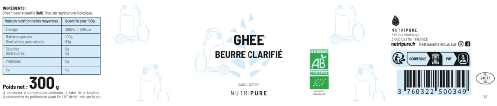 Nutripure | Ghee Bio | Mantequilla clarificada | Sin Lactosa | Sin caseína | Rico en vitaminas A y E | Ideal para cocinar a alta temperatura | Conservación a largo plazo | 300G