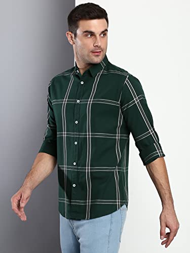 Image of Dennis Lingo Men's Plaid Blue Slim Fit Cotton Casual Shirt with Spread Collar & Full Sleeves