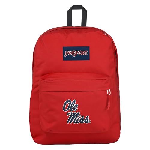 Image of JanSport NCAA Officially Licensed Backpack, Ole Miss Rebels, Superbreak Plus with Padded 15'' Laptop Sleeve, Spacious Computer Bag for Men & Women, Durable Daypack with Bottle Pocket, Red Tape