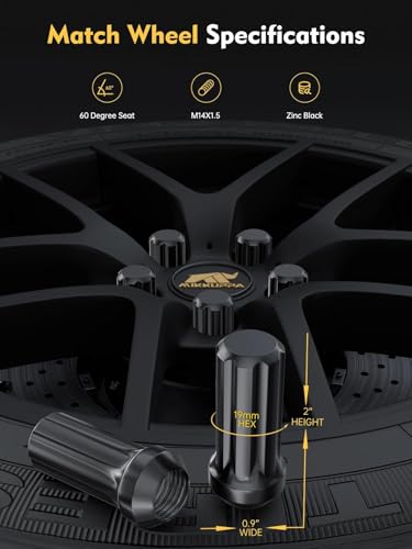 Image of MIKKUPPA 4PCS M14x1.5 Lug Nuts - Replacement for Chevy Silverado 1500 Suburban Traverse, Ford F150, GMC Yukon Sierra 1500 Aftermarket Wheels Black 2 inch Length 7 Spline Tire Nut