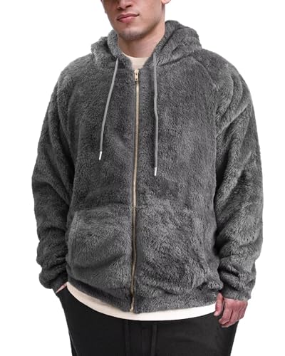 VahRuta Mens Fuzzy Zip Hoodie Sweatshirt Sherpa Plush Zipper Jacket with Hood for Men