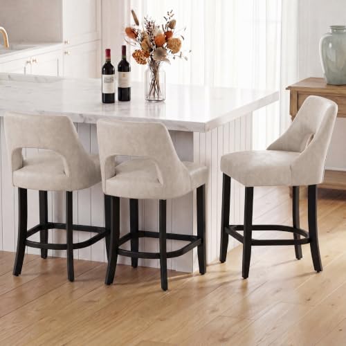 Image of UVV Bar Stools Set of 6, Modern Upholstered Counter Height Bar Stools, Faux Leather Counter Stools BarStools with Wood Legs for Kitchen Island Dining Room Bar, Beige