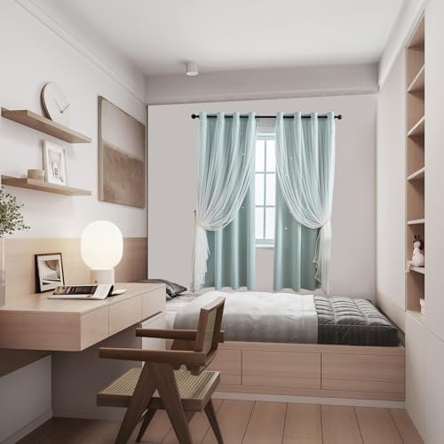 Image of indistar Star Cutout Kids Window Blackout Curtains for Girl Bedroom Window Room Darkening Curtains & Drapes Baby Nursery Curtains (2 Panel,52Wx72L inch,Light Blue)
