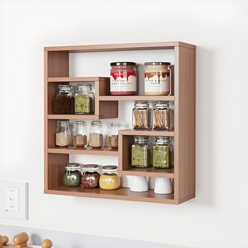Image of FURNEASER Brian Kitchen Rack Shelf Multipurpose Wooden Wall Mounted Spice Jar Rack Shelves for Kitchen Storage Kitchen Shelf Organizer Kitchen item Containers Hanging Shelves (Exotic Teak)