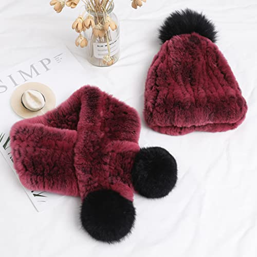 DAISHA Women's Winter Rex Rabbit Fur Knit Thick Skull Beanie Hat w/Pom + Scarf for Baby Children Birthday Christmas New Year.2