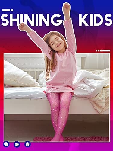 Geyoga 3 Pcs Girls Glitter Fishnet Tights Kids Bling Mesh Stockings Sparkle Rhinestone Hollow Out Pantyhose (Rose, Red, Blue, Medium, 125-160 Cm) #TOP5