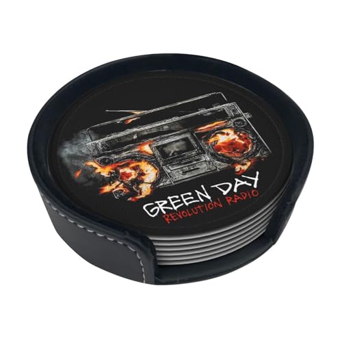 コースターグリーン・デイ アームストロング Puレザー製 丸 円型 6枚セット 収納ケース付き 滑り止め 速乾 防汚 断熱 軽量 飲料パッド 家庭 オフィス用 茶托 レストラン お店 プレゼント