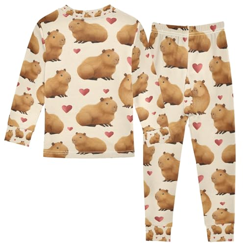 senya Brown Capybara Cute Heart Pajamas Set Long Sleeve Soft Cotton Sleepwear 2 Piece2
