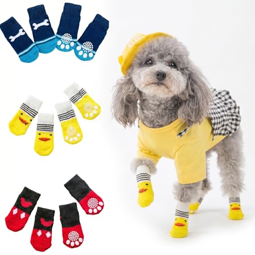 3 Pares de Calcetines Perro Antideslizantes, Calcetines para Perros Pequeños y Gatos, Protección de Patas con Suela de Goma, Patucos Perro para Suelos de Madera, Talla S (Ancho 3.3cm), 3 Diseños