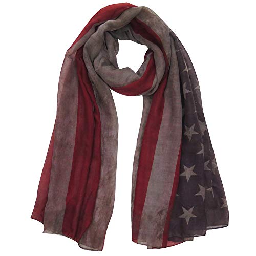 Vintage American Flag Print Long Women's Scarf 4th July (Grey and Red)