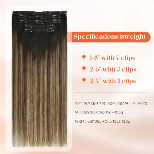 Image of Sunny Hair Clip in Hair Extensions Real Human Hair Caramel Balayage 12inch | Short Clip in Extensions Real Hair Black Ombre Blonde, Secure Clip Ins, Silky Soft, Easy to Put in, Quick Daily Styling 85g