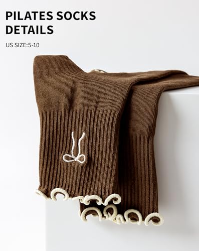 Image of Yawlsow Cute Pilates Grip Socks for Women Ruffle Frilly Yoga Socks Non Slip Cotton Crew Grippy Sock for Barre Workout