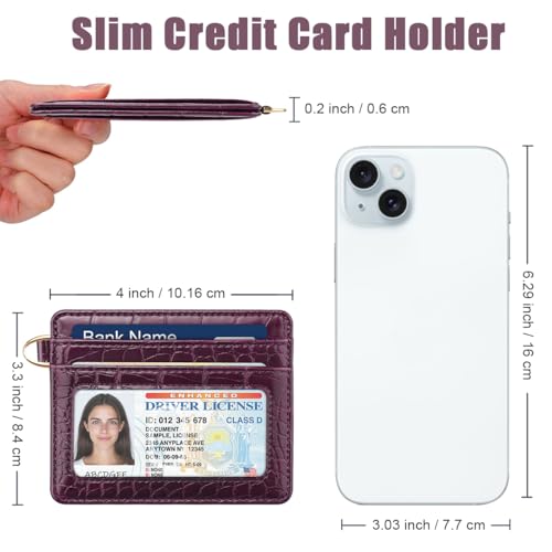Image of Slim Credit Card Holder Crocodile Wallet Women Thin Wallets | Alligator Print RFID Blocking Minimalist Lightweight Pocket Small Cute Cards Holders ID Window, Plum Croc