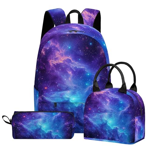 Scovotec Galaxy 3PCS Backpack for Boys Girls Kids Back to School Backpack Set with Lunch Box Pencil Case 17 Inch Lightweight Bookpack 3 in 1 Set for Teens Elementary Middle High School Students