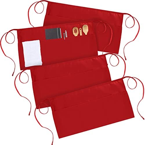 Utopia Wear 3 Pocket Waist Apron [Pack of 4], Server Waitress short apron for Men Women, Kitchen, Restaurant and Crafting (Red)