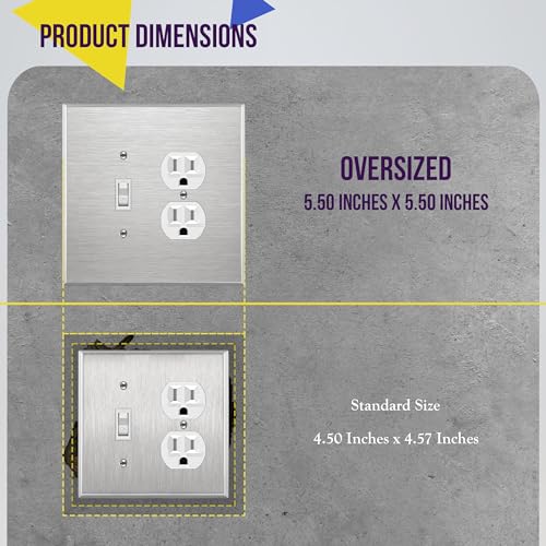 Image of ENERLITES Combination Toggle Light Switch or Duplex Receptacle Outlet Metal Wall Plate, Corrosion Resistant, Over Size 2-Gang 5.5 inch x 5.5 inch, 771121O, 430 Stainless Steel, UL Listed, Silver