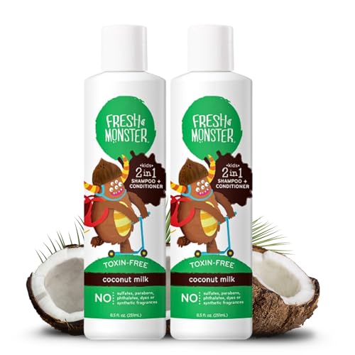 Fresh Monster 2-in-1 Kids Shampoo & Conditioner, Toxin-Free, Hypoallergenic, Tear-free Shampoo & Conditioner for Kids, Coconut (2 Pack, 8.5oz/each)