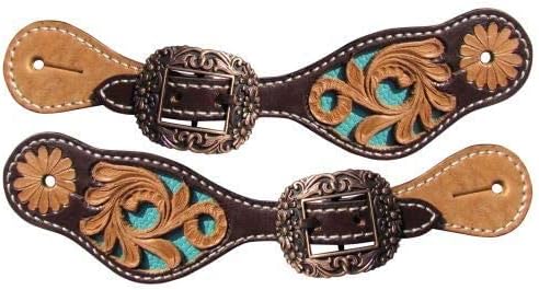 Showman Youth Dark & Light Leather Spur Straps w/Floral Tooling & Turquoise Inlay