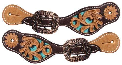 Showman Youth Dark & Light Leather Spur Straps w/Floral Tooling & Turquoise Inlay