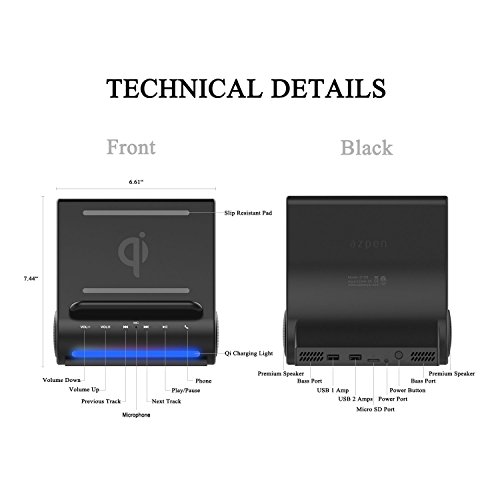 Azpen Drahtlose Ladestation D100 mit Mehreren USB-Anschlüssen + Bluetooth-Lautsprechersystem (grau) - Image 4