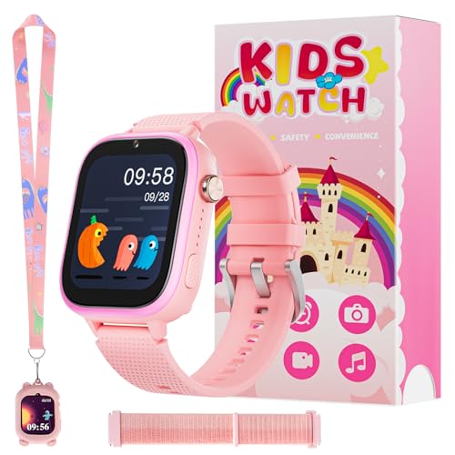 OKYUK 4G Kinder smartwatch, smartwatch Kinder mit GPS und Telefon,Armbanduhr Junge mädchen,mit Video Phone Call, Nachrichten, Schulmodus, SOS-Funktion, Kamera und Schrittzähler (Rosa)