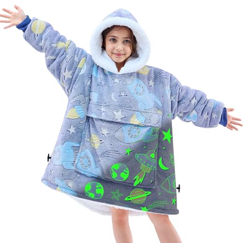 yescool Wearable Blanket Hoodie Kids Glow in the Dark, Oversized Blanket Sweatshirt with Sherpa Teen Girl Gifts for Kids,Girls, 8-15 Year Old Girl Boy Gift Warm Wearable Blankets, One Size, Universe