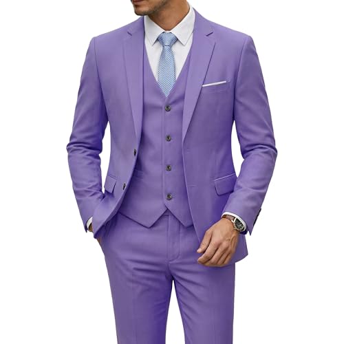 Image of YND Men's 3 Piece Suit with Tie, Solid Color Slim Fit Jacket Vest and Pants