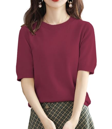 Womens Short Sleeve Sweaters Tops Crew Neck Cotton Pullover Shirt Lightweight Knit Blouse