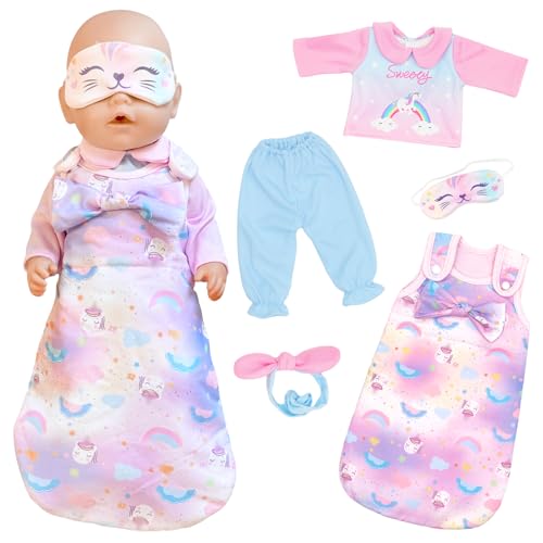 Babypuppen Kleidung Pyjama für 14-17 Zoll Babypuppen 35-43 cm süße Rosa Pony Puppenkleidung Outfits mit Schlafsack + Augenklappe + Doll Pyjama + Hose + Stirnband als Geschenk für Mädchen