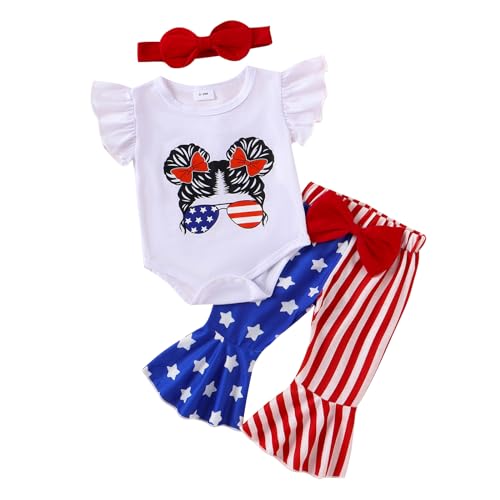 Newborn 4th of July Outfit Girl Short Sleeve Romper Stars Stripe Print Bell Bottoms Set 4th of July Baby Girl Outfits(A-White,0-3 Months)