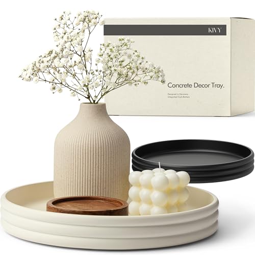 KIVY Round Decorative Concrete Tray 11x1,5 Inch - Modern Circle Coffee Table Tray - Home Decor Flat Bowl for Livingroom & Bedroom - Bandejas Decorativas - Circle Coffee Table Centerpiece (Cream)