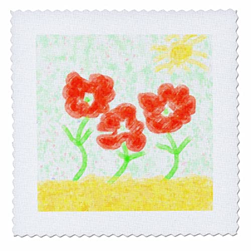 20x20 inch Quilt Square - Image of Three Orange Painted Flowers and Sun in Impressionism Lens Art by Florene - Impressionism for Kids