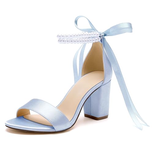 HKMFLYY Women's Open Toe Pearl Wedding Shoes for Bride High Heels Sandals Satin Bridal Shoes Block Chunky Heels Ankle Strap Prom Evening Party Shoes Pumps Light Blue Size 8